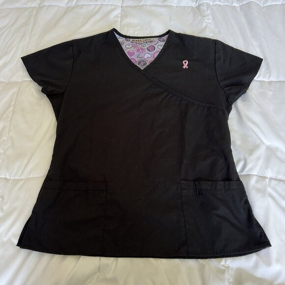 Greentown Womens Medium Scrub Top Black Pink Breast Cancer Awareness Pockets - Picture 1 of 7